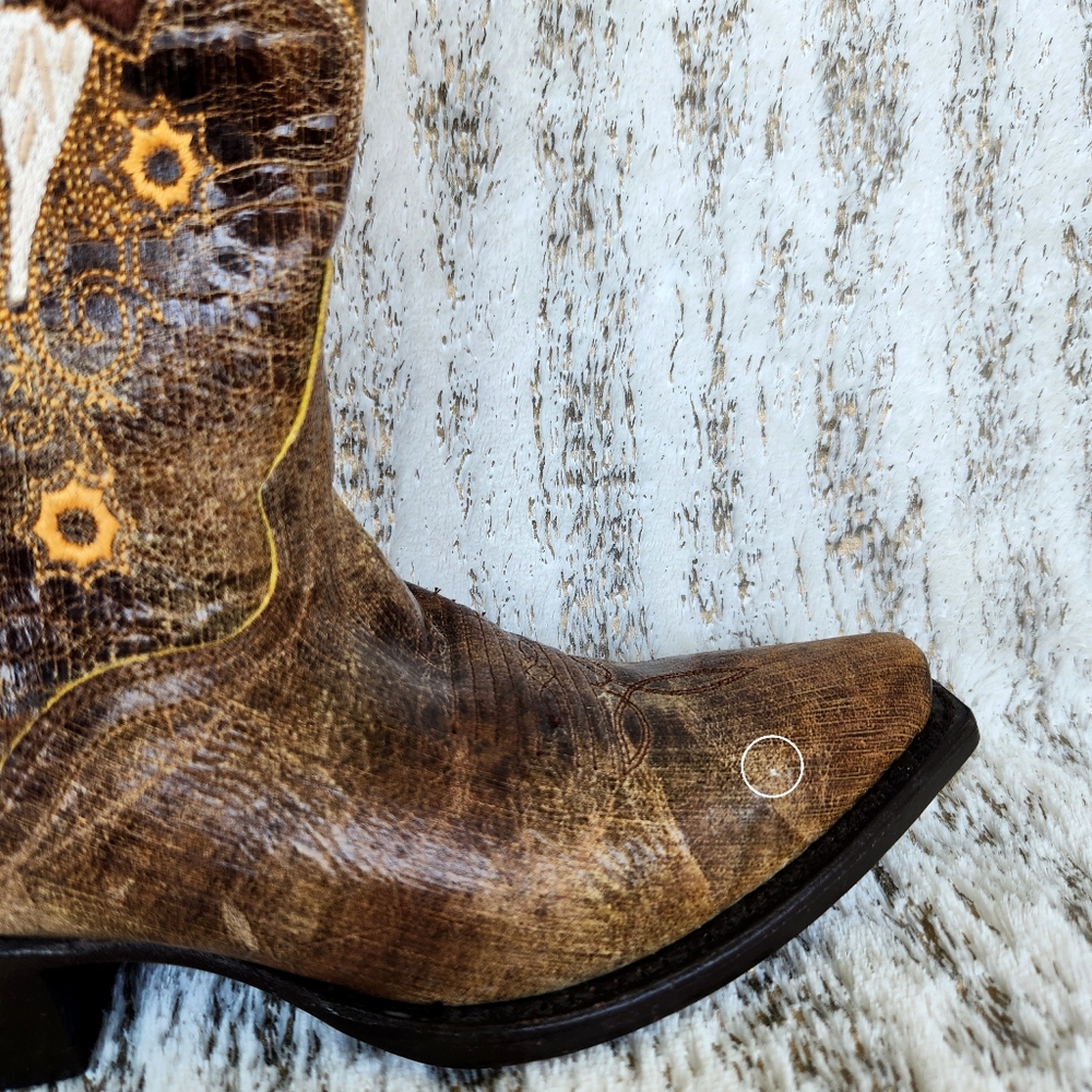 J.B. Dillon Distressed Leather Western Cowboy Boots Tan Floral | Women's Size 5B - Picture 11 of 12